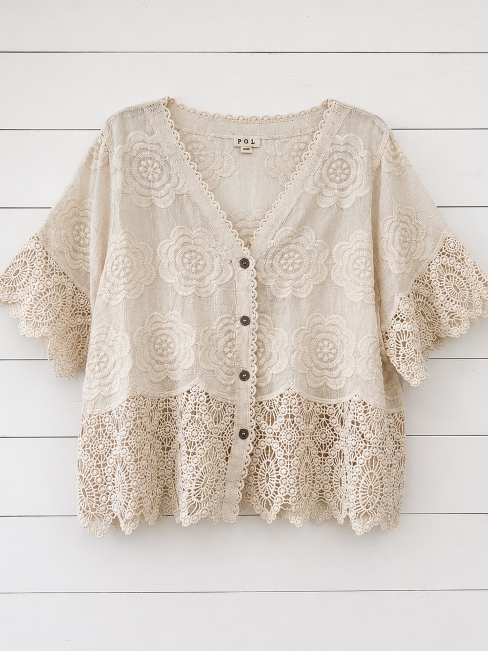 NEW POL : “The Lilly Mae”Crochet Lace embroidered  Button-Down V-Neck